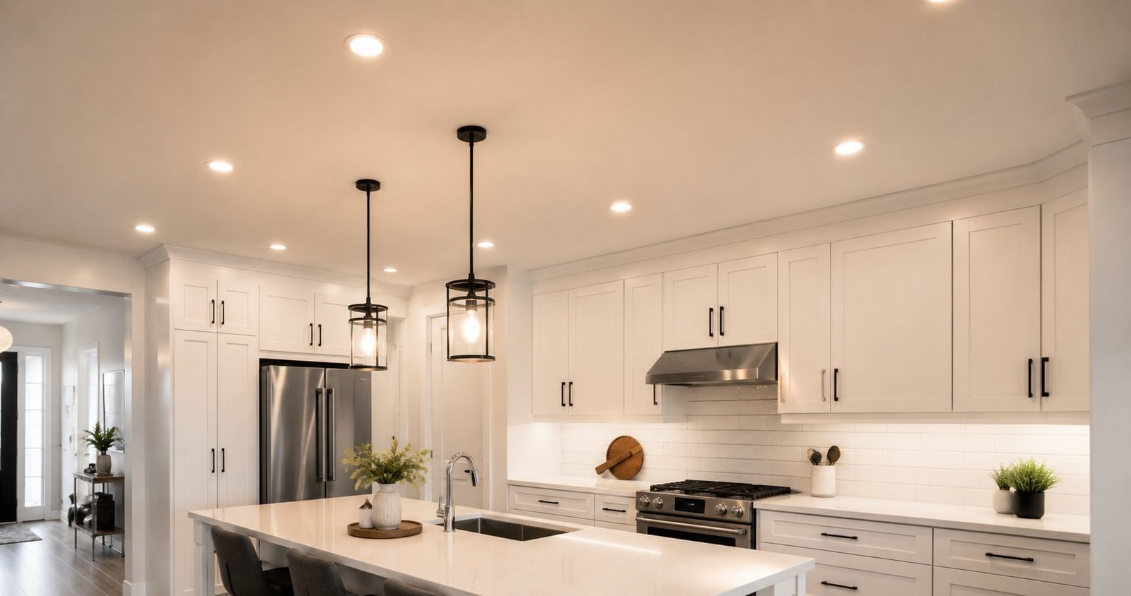 Modern white kitchen with recessed pot lights and pendant lights