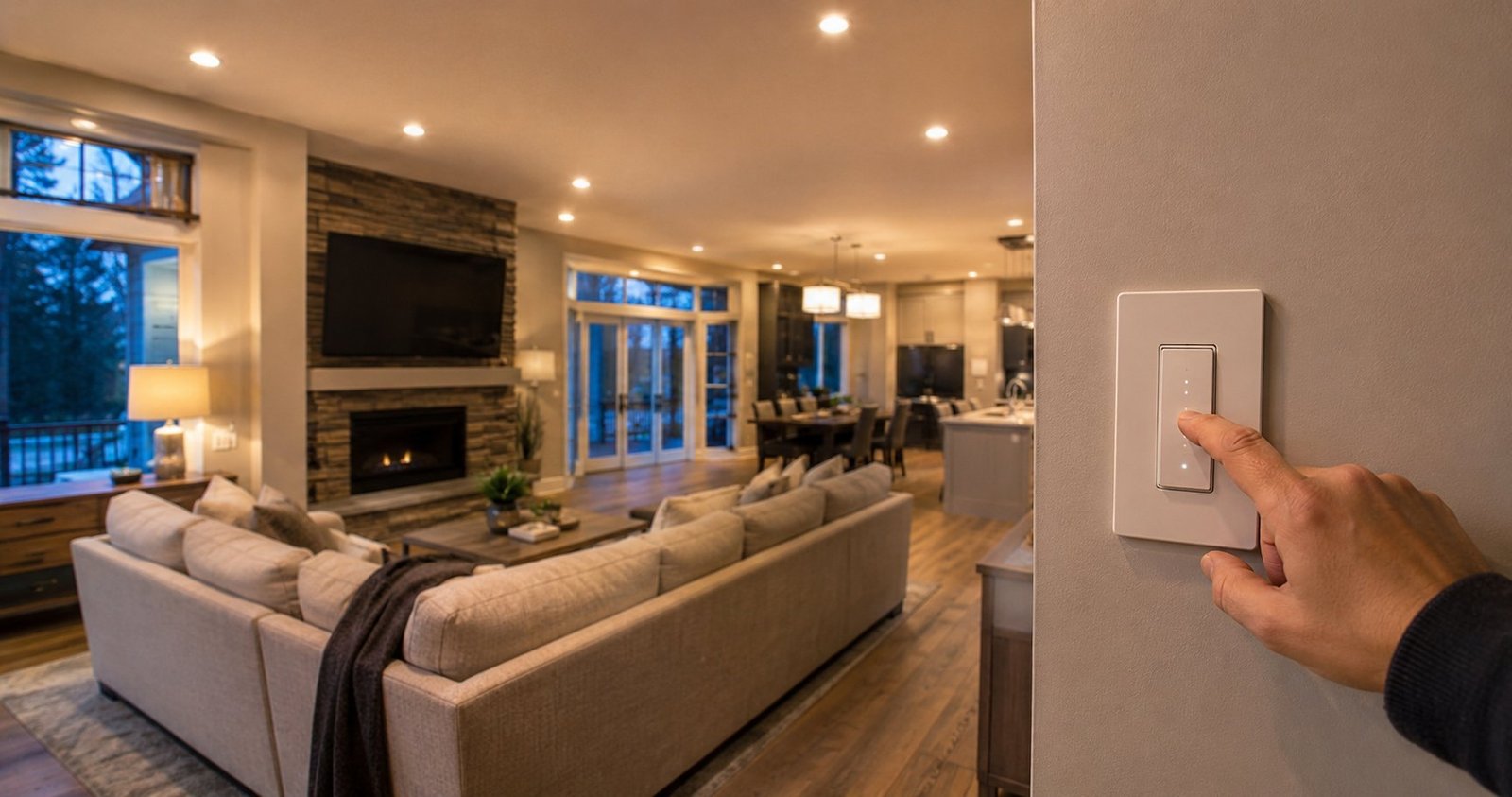 Modern Brantford living room with recessed pot lights and a smart light switch