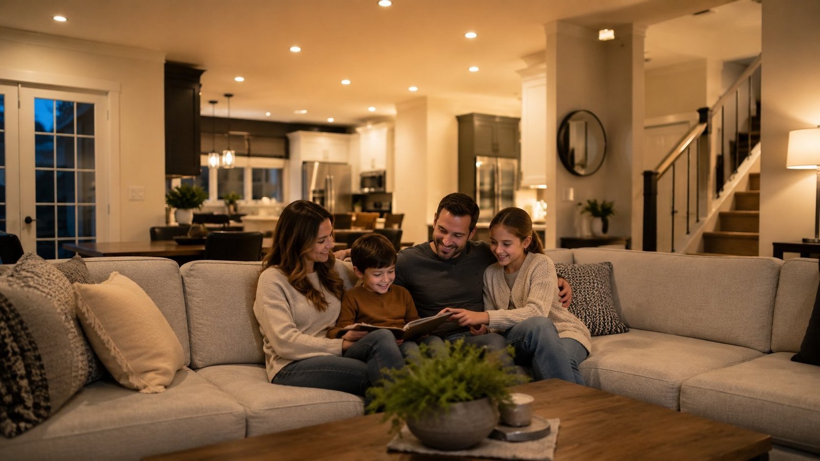 Family relaxing together in a warmly lit living room