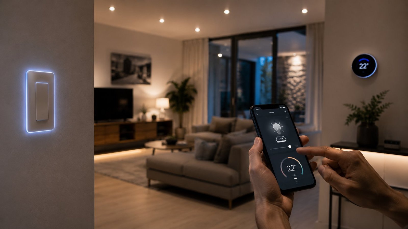 Person using a phone app to control smart home lighting and a thermostat