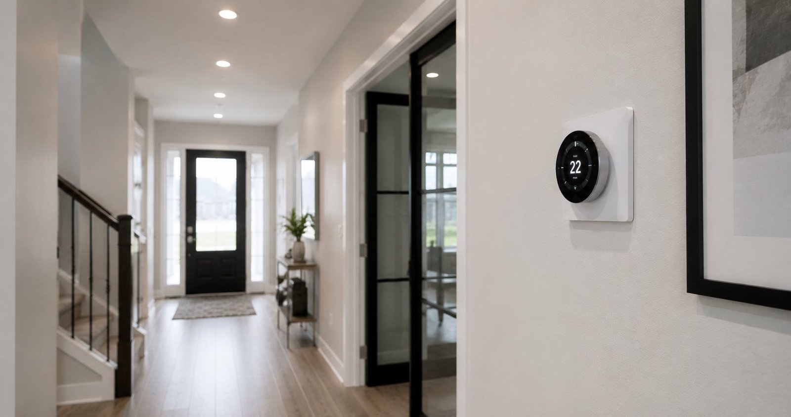 Smart thermostat on a hallway wall in a modern home